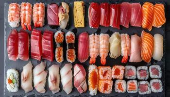 ai généré assorti Sushi et sashimi plat Haut vue photo