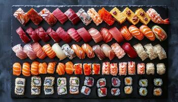 ai généré assorti Sushi plat de Haut vue photo