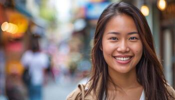 ai généré portrait de souriant Jeune asiatique femme dans Urbain réglage photo