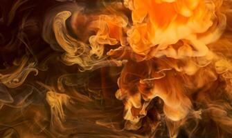 vibrant Orange fumée, abstrait tourbillonne dans noir encre Contexte photo