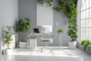 ai généré une minimaliste moderne Bureau espace de travail avec une flottant acrylique bureau photo