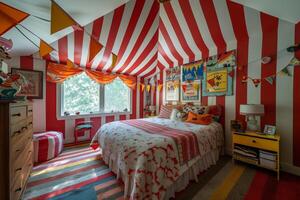ai généré une sur le thème du cirque enfants' chambre avec des murs peint dans audacieux rayures de rouge et blanc photo