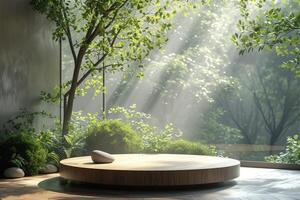 ai généré une sur le thème de la nature podium cette évoque le silencieux beauté de une des bois clairière photo