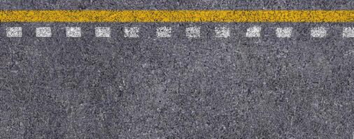 Haut vue de double Jaune et blanc lignes sur asphalte route texture Contexte. photo