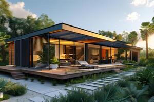 ai généré une moderne maison avec une futuriste extérieur conçu à harnais le Puissance de le Soleil photo