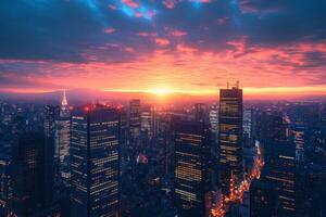 ai généré comme le Soleil ensembles, le lumières de le Bureau bâtiments éclairer le ville des rues au dessous de photo