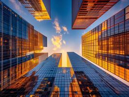 ai généré une horizon Bureau bâtiment scène pendant le d'or heure photo