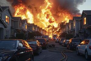 ai généré bâtiment pris dans flammes photo