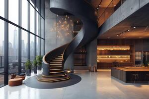 ai généré une moderne luxe grenier intérieur mettant en valeur une spectaculaire spirale escalier photo