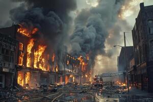 ai généré bâtiment pris dans flammes photo