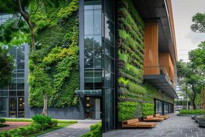 ai généré une minimaliste Bureau bâtiment extérieur avec intégré vert les espaces, vivant des murs, et Extérieur sièges zones cette améliorer connectivité avec la nature et promouvoir employé bien-être photo