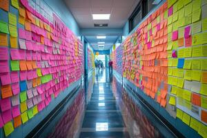 ai généré une école couloir orné avec messages de la gentillesse et positivité photo