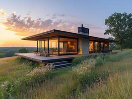 ai généré une milieu du siècle moderne maison niché au milieu de le vaste étendue de le prairie photo