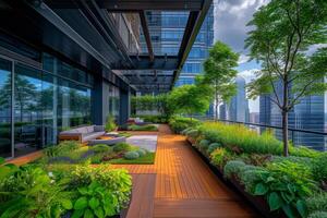 ai généré le toit jardin de une moderne Bureau la tour des offres une tranquille battre en retraite pour des employés photo