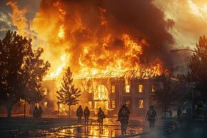 ai généré bâtiment pris dans flammes photo