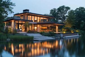 ai généré une moderne minimaliste maison niché le long de le rivages de une tranquille Lac photo