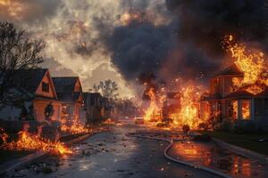 ai généré bâtiment pris dans flammes photo