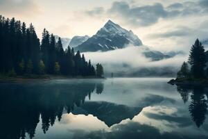 ai généré le serein immobilité de une Montagne Lac à aube. génératif ai photo