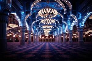 ai généré une la mosquée intérieur orné avec de fête lumières pour aïd. génératif ai photo