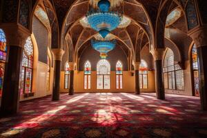 ai généré une la mosquée intérieur orné avec coloré tapisseries pour aïd. génératif ai photo