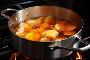 ai généré une fait maison Pomme Cidre mijoter sur le poêle. génératif ai photo