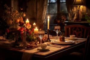 ai généré a la chandelle dîner table pour une romantique soir. génératif ai photo