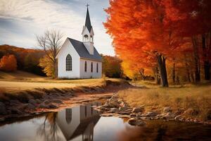 ai généré une serein vue de une campagne chapelle encadré par des arbres mettant en valeur leur l'automne éclat. génératif ai photo