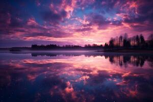 ai généré violet ciel avec des nuages reflétant dans le l'eau. génératif ai photo