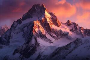 ai généré imposant pics baigné dans alpenglow pendant une serein alpin le coucher du soleil. génératif ai photo