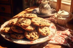 ai généré une table avec une assiette de fraîchement cuit biscuits. génératif ai photo