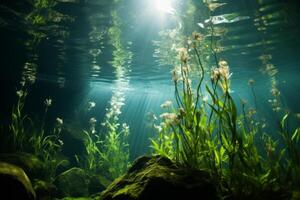 ai généré un sous-marin vue de aquatique les plantes prospère dans une clair étang, une testament à le avantages de efficace l'eau surveillance. génératif ai photo