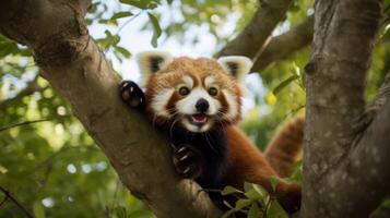 ai généré une rouge Panda est séance dans une arbre. génératif ai photo