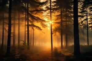 ai généré une fascinant coup de une brumeux forêt pendant aube, où le en hausse Soleil des peintures le feuillage dans nuances de or et ambre. génératif ai photo