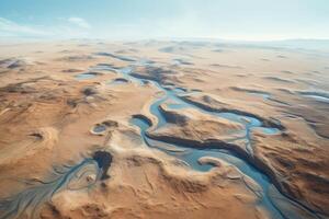 ai généré aérien vue mettant en valeur une vaste désert paysage par le lentille de une drone. génératif ai photo