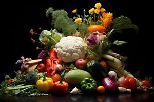 ai généré un astucieux arrangement de frais, saisonnier des légumes. génératif ai photo