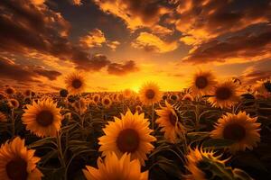 ai généré le d'or lumière sur une champ de tournesols. génératif ai photo