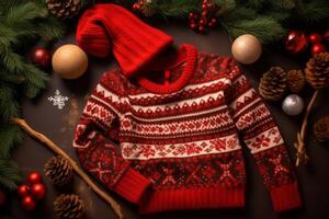 ai généré confortable Noël chandail flatlay avec tricoté motifs, Mitaines, et une chaud foulard. génératif ai photo