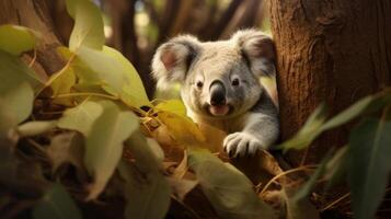 ai généré une bébé koala est furtivement en dehors de derrière une arbre. génératif ai photo