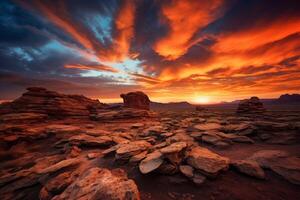 ai généré rocheux désert paysage peint avec nuances de Orange pendant le coucher du soleil. génératif ai photo