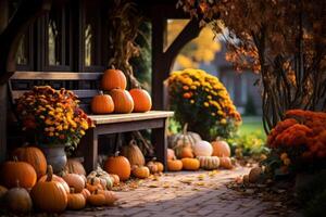 ai généré citrouilles et l'automne décorations sur une porche. génératif ai photo