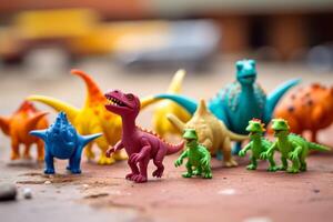 ai généré une espiègle composition de une jouet dinosaure de premier plan une parade de miniature Plastique animaux. génératif ai photo