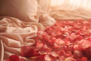 ai généré flou Rose pétales épars sur une lit. génératif ai photo