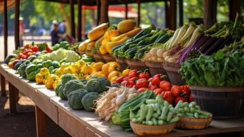 ai généré une Les agriculteurs marché rempli avec saisonnier des fruits, des légumes. génératif ai photo