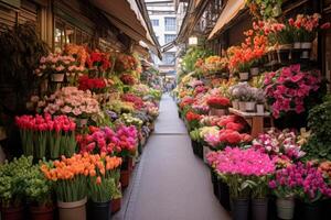 ai généré une animé fleur marché avec une variété de fleurit. génératif ai photo