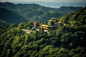 ai généré aérien coup de une serein bouddhiste temple niché au milieu de luxuriant, vert montagnes. génératif ai photo