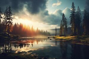 ai généré le serein beauté de une Lac dans le après-midi. génératif ai photo