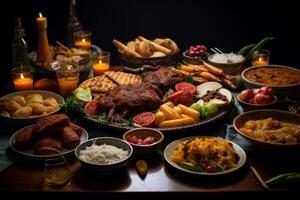 ai généré une traditionnel eid al-fitr le banquet avec divers plats. génératif ai photo