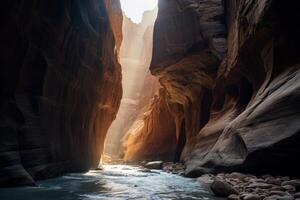 ai généré une photographier mettant en valeur le enchanteur jouer de lumière et ombre dans une canyon. génératif ai photo