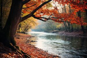 ai généré l'automne feuilles sur le banques de une tranquille rivière. génératif ai photo