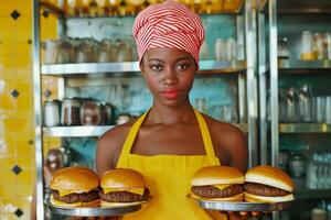 ai généré efficace africain serveuse en portant hamburgers. produire ai photo